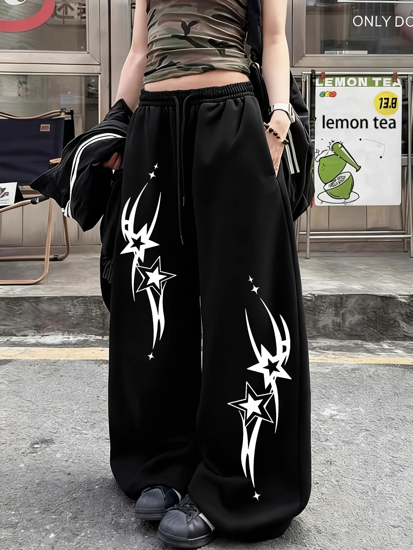 Women's Street Style Casual Sweatpants with Star Print Arrivals for Spring Fleece Loose Fit Streetwear Oversized