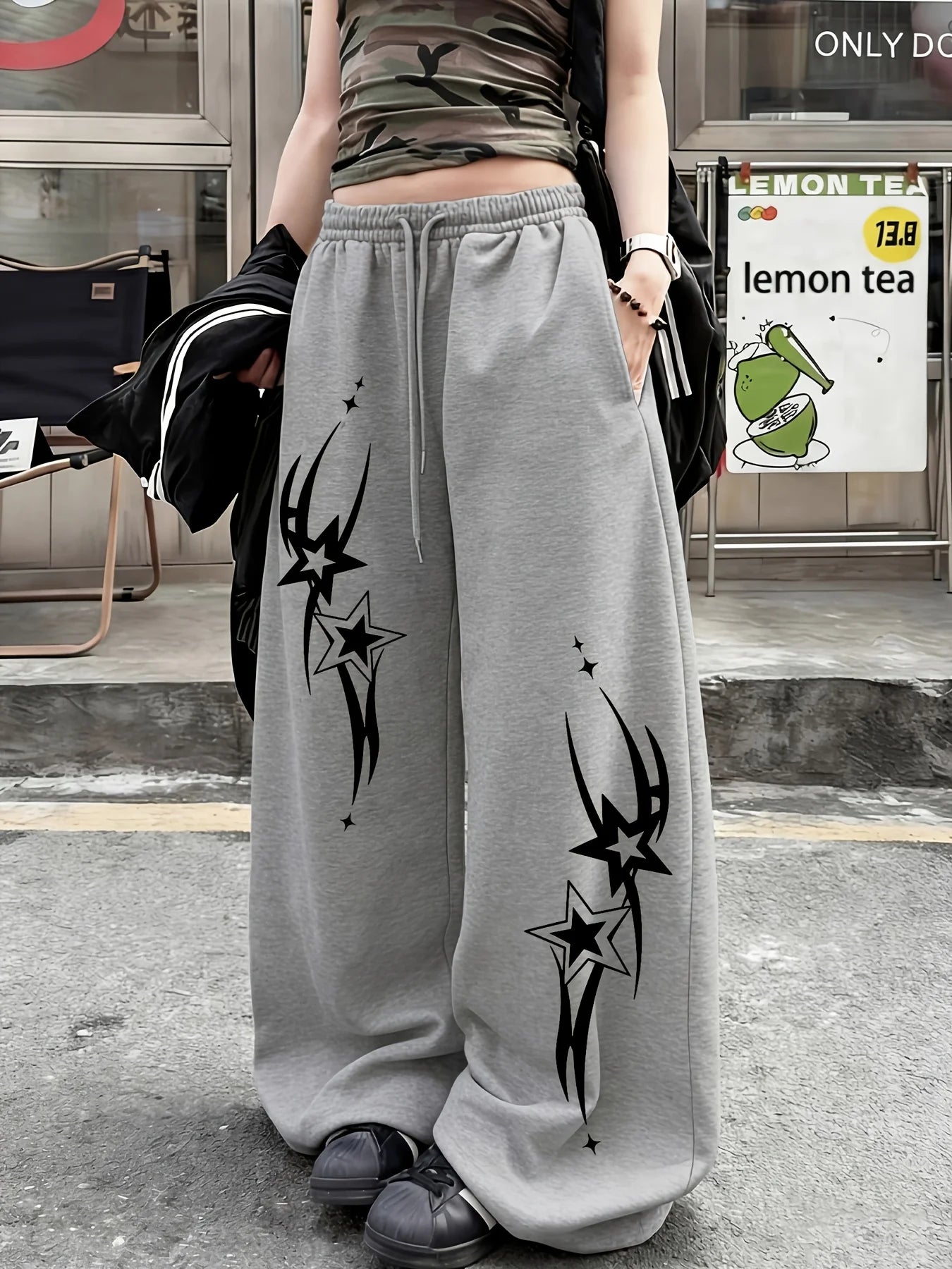 Women's Street Style Casual Sweatpants with Star Print  Arrivals for Spring Fleece Loose Fit Streetwear Oversized